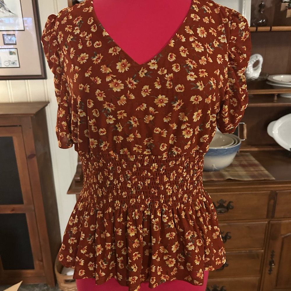 Floral Smocked Peplum Top - Red